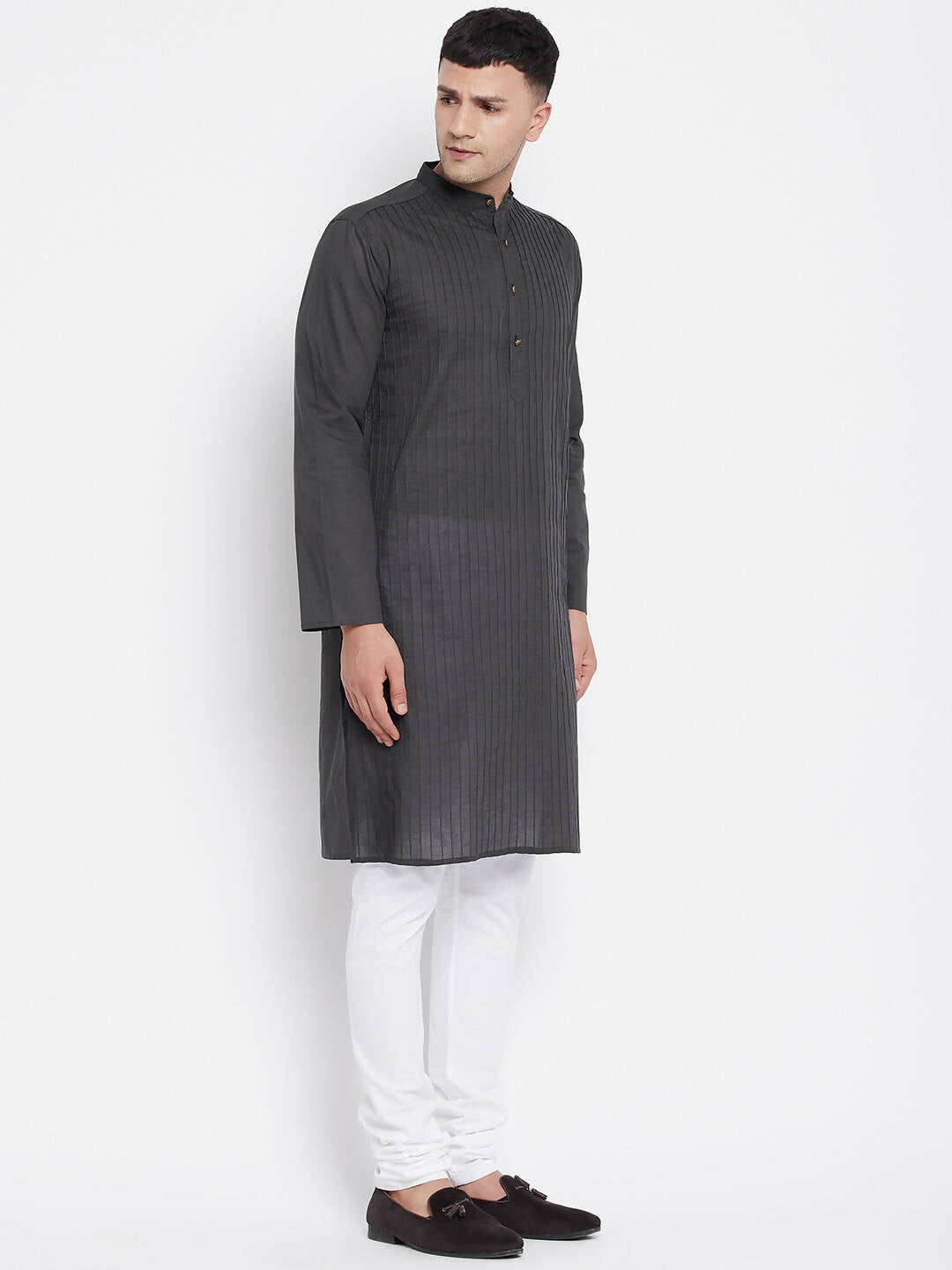 Even Apparels Grey Pure Cotton Men's Kurta With Band Collar