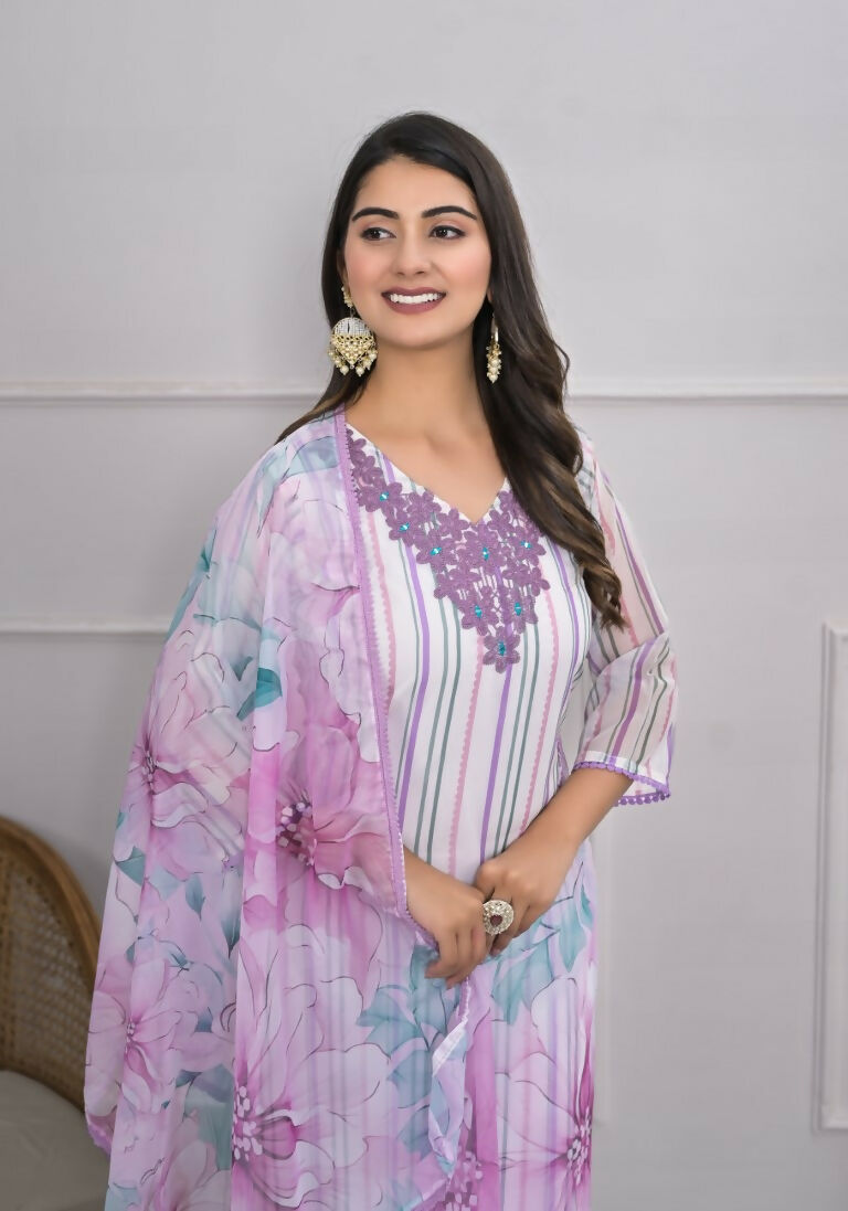 White Viscose Silk Embroidery with Thread and sequence Stitched Suit With Dupatta - Tanisha