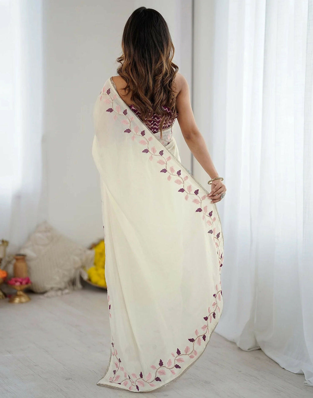 Joban Fashion Silk Off White Color Embroidery Saree