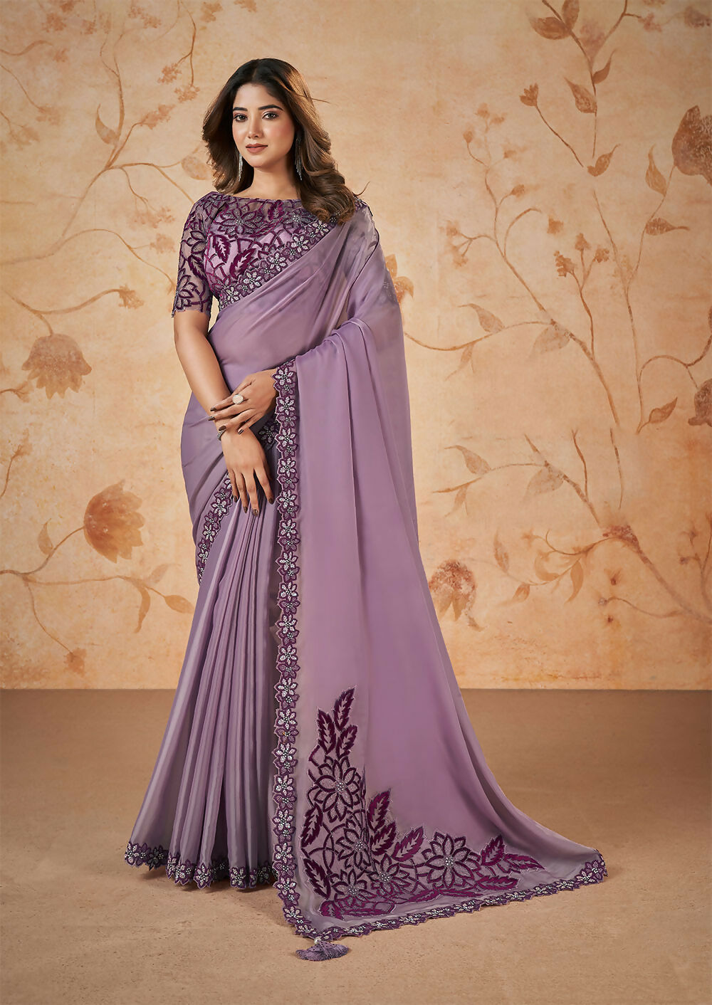 Purple Crepe Satin Silk Sequence & Cord Embroidered with Stone Work Saree - Mohmanthan Dakshika
