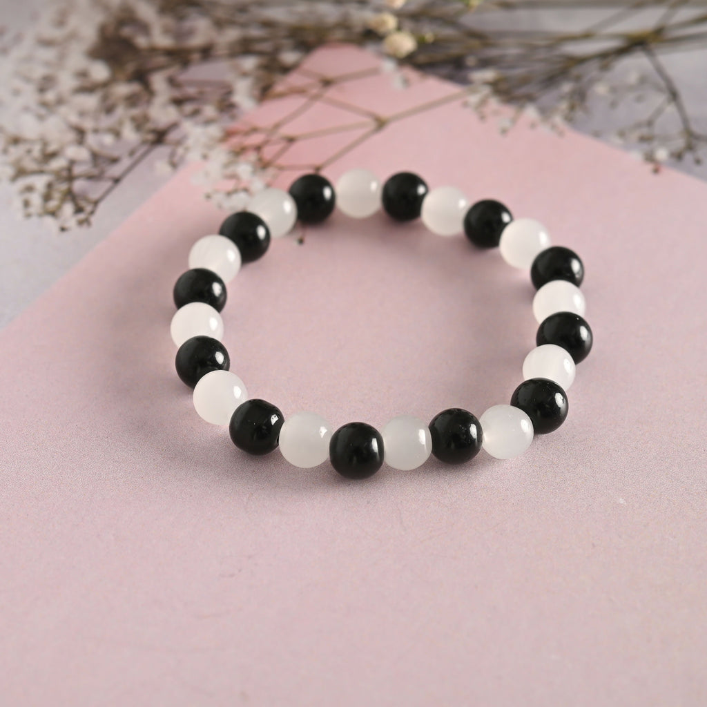 NVR Men & Women White Marble Crystal Beaded Elasticated Bracelet