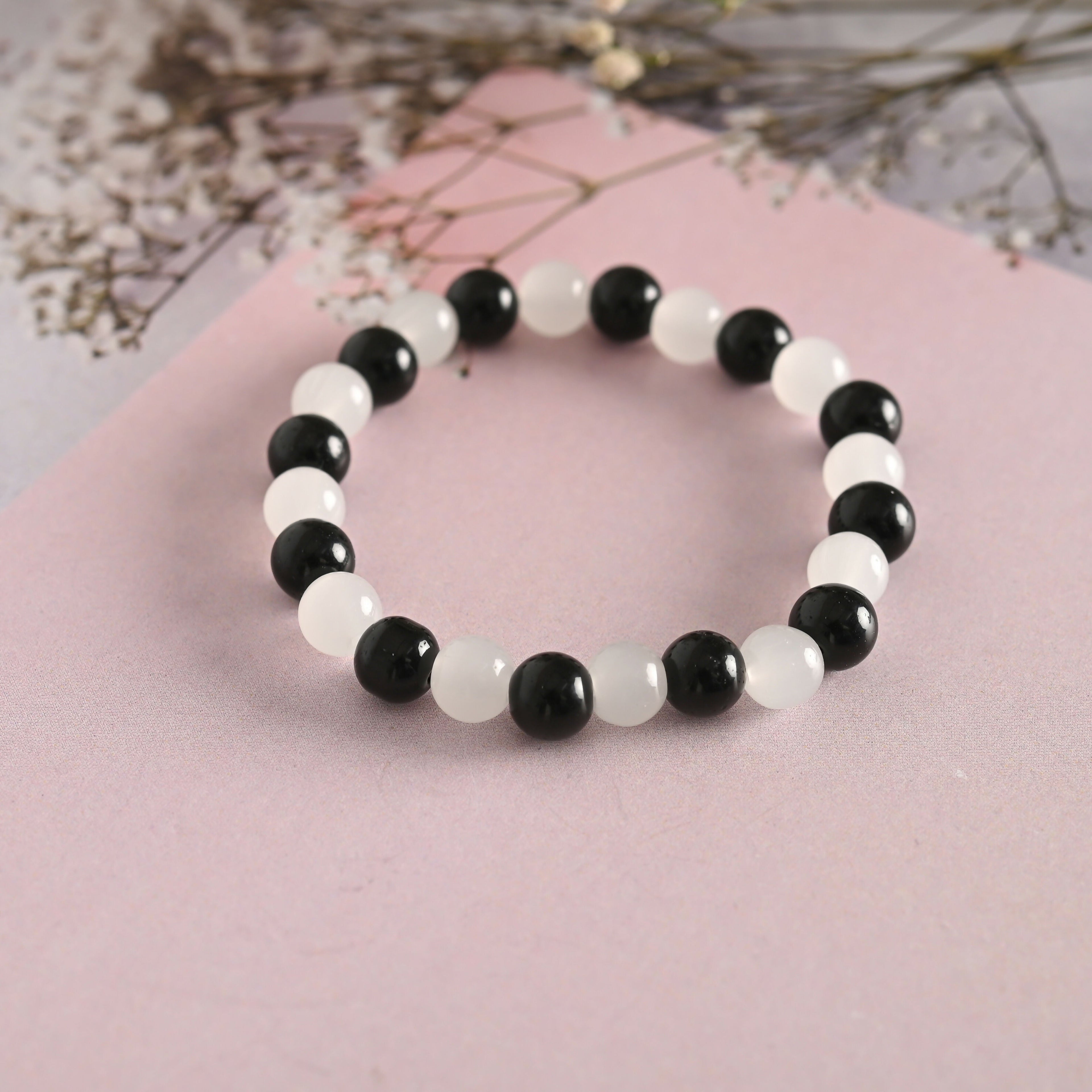 NVR Men & Women White Marble Crystal Beaded Elasticated Bracelet