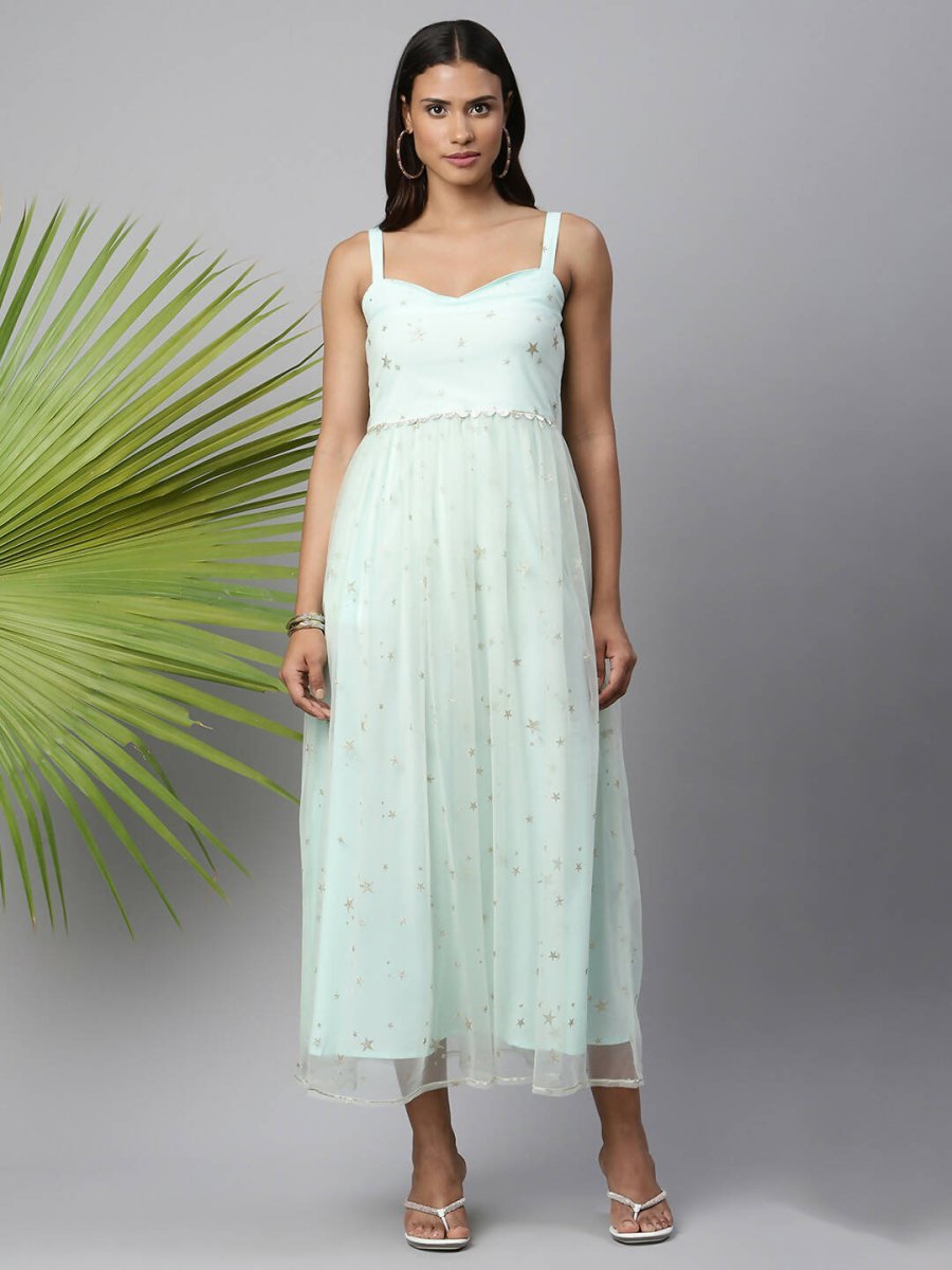 Ahalyaa Women Summer Blue Net Glitter Printed Dress