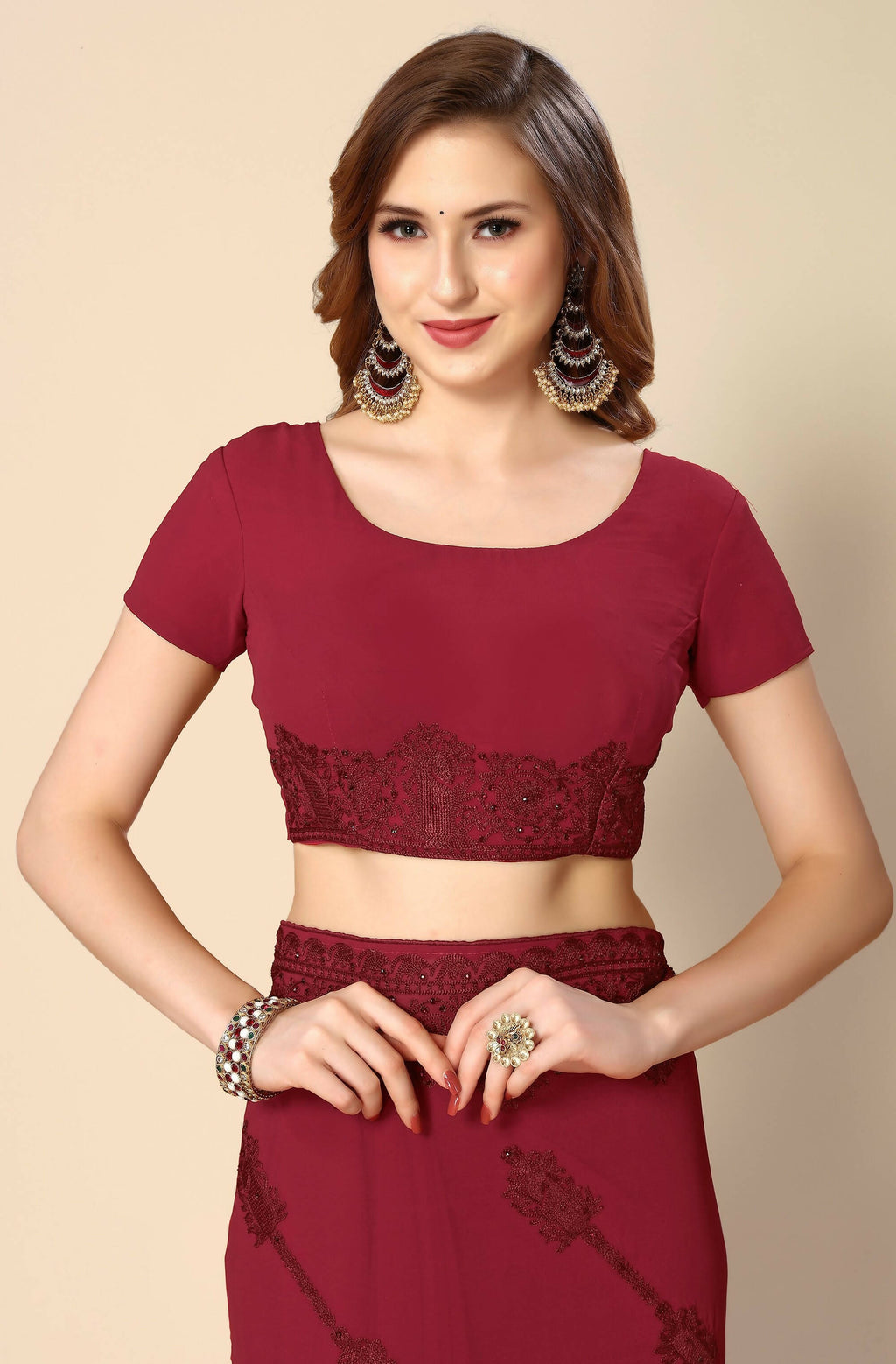 Maroon Georgette Embroidered and Stone Work Saree with Unstitched Blouse Piece - Roozal