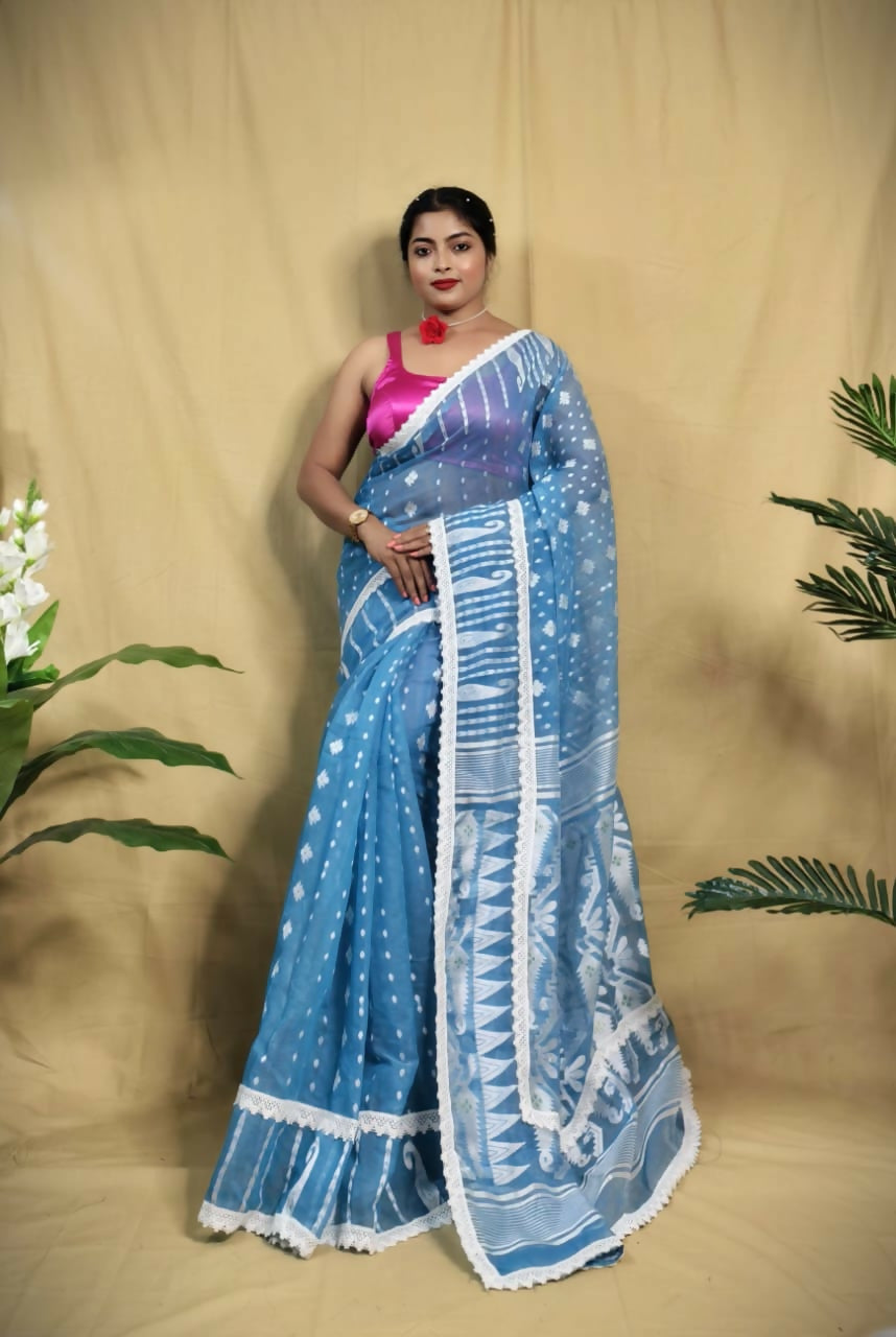 Exclusive Collection Beautiful Light Blue Jaal Jamdani Saree