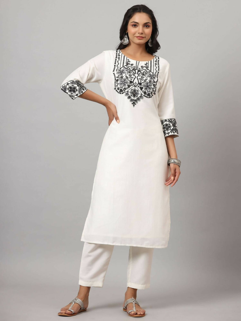 Juniper Women's White Chinnon Solid Embroidered Kurta Set