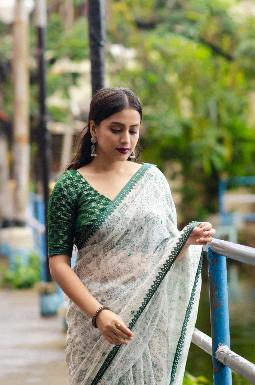 Green Pure Georgette Warli Saree with Unstitched Blouse - A2M