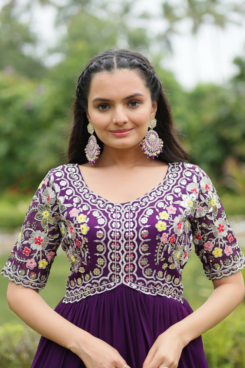Vastranavya Faux Blooming with Embroidery Zari Sequins-work Gown - Purple