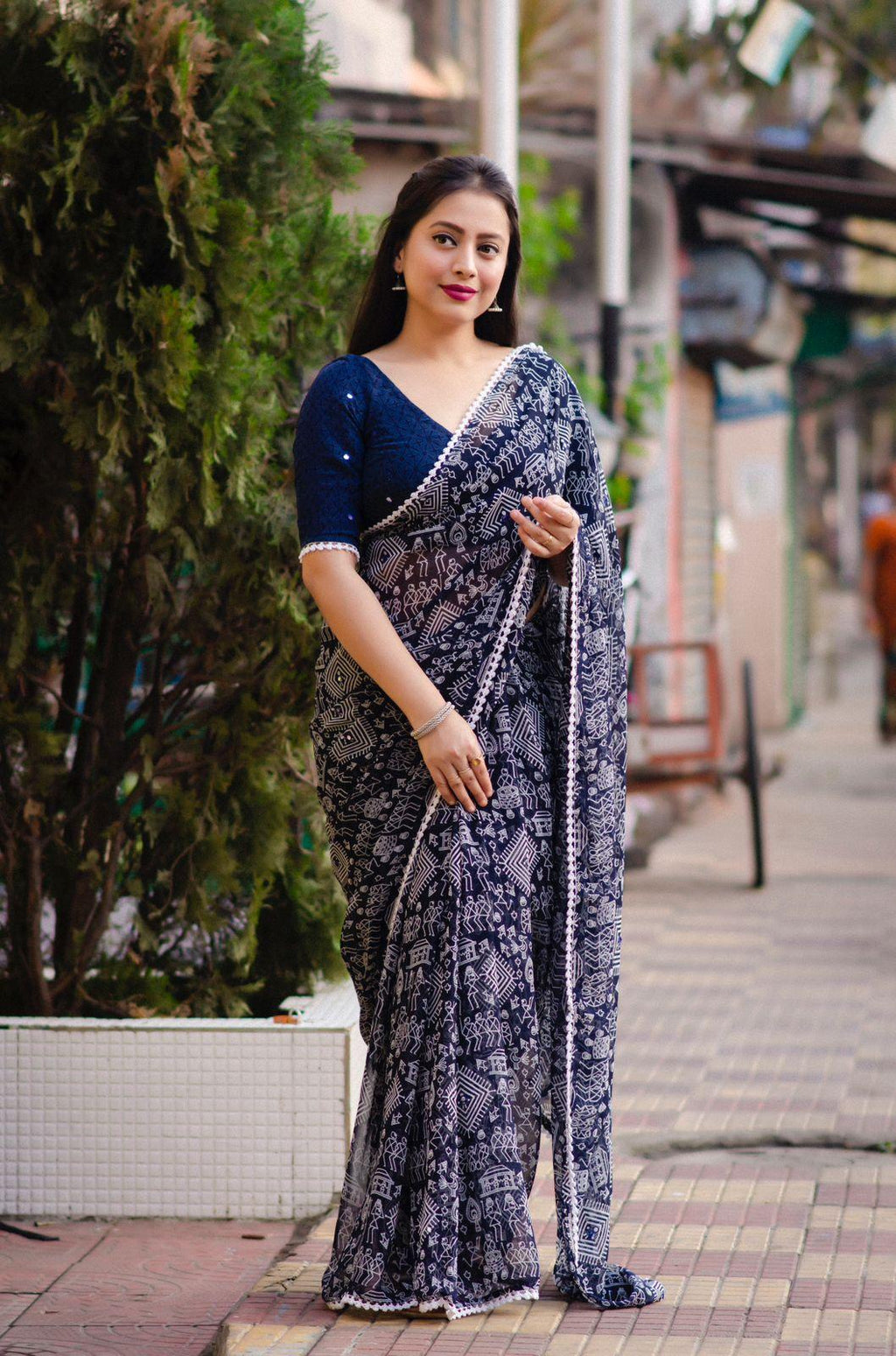 Blue Poly Georgette Ethnic Motifs Saree with Unstitched Blouse - A2M