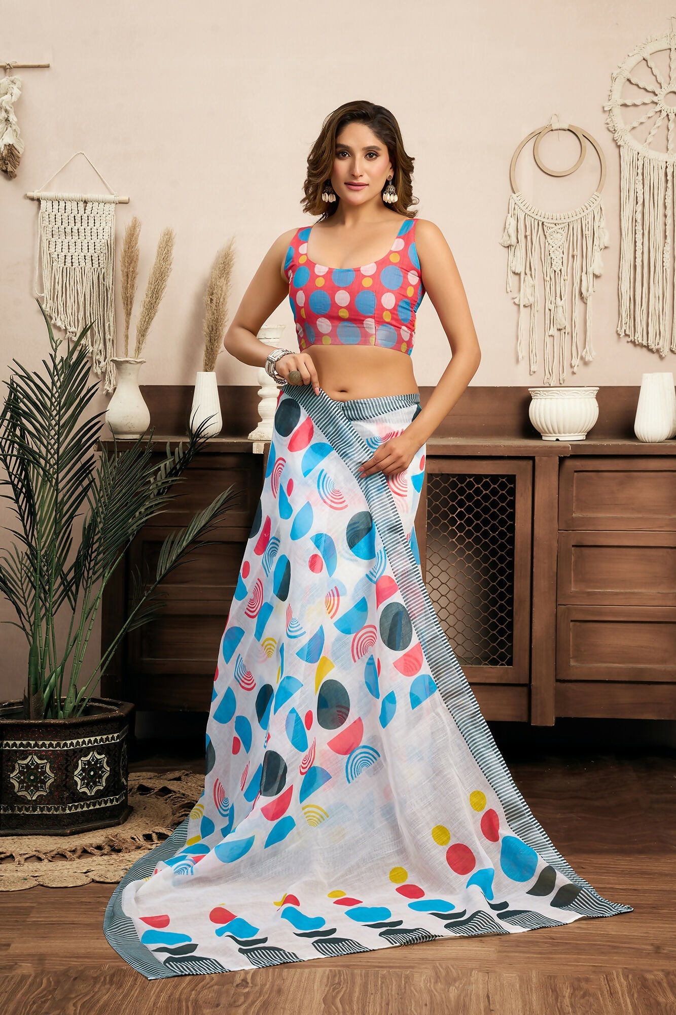 Vastranavya Multicolor Digital Printed Linen Ready To Wear Designer Saree with Unstitched Blouse