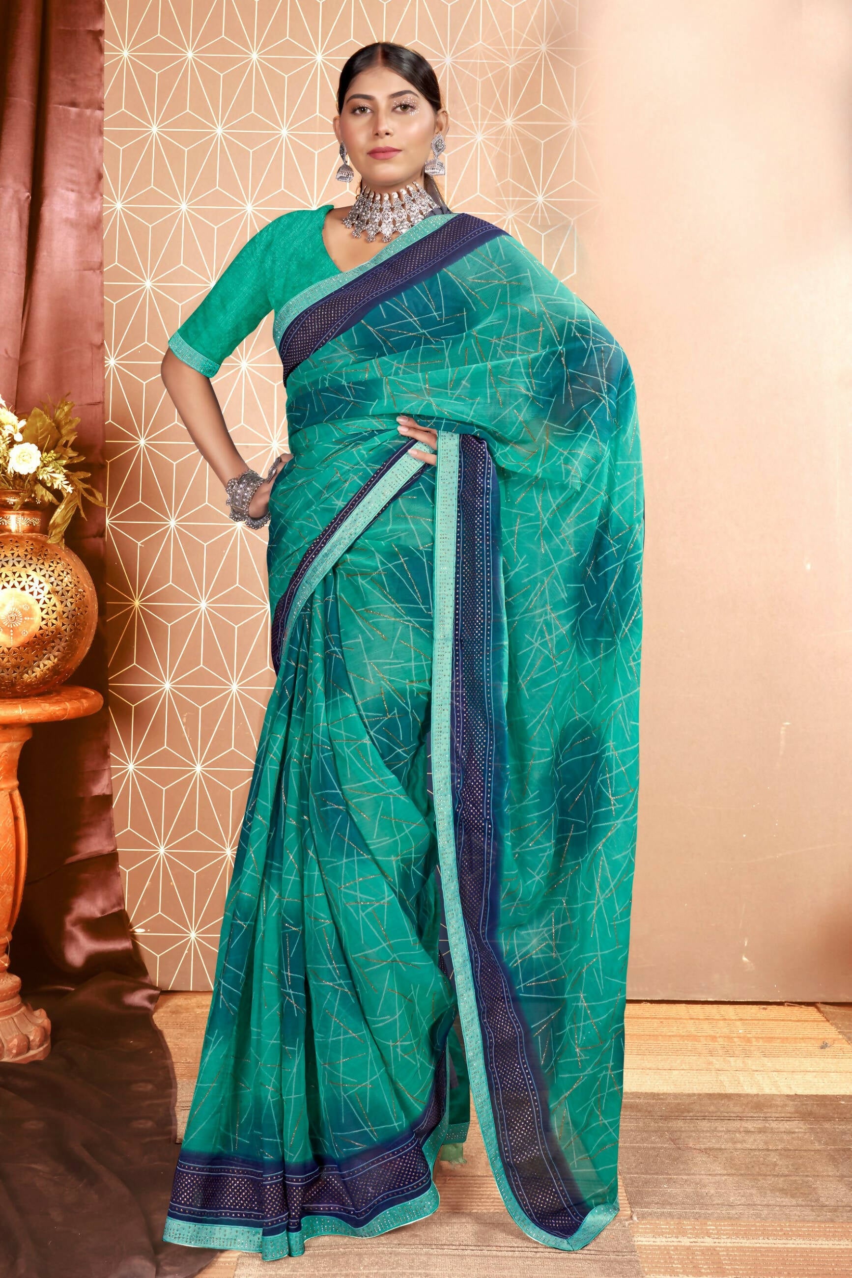 Sea Green Chiffon Abstract Printed Saree With Unstitched Blouse Piece - Rajal