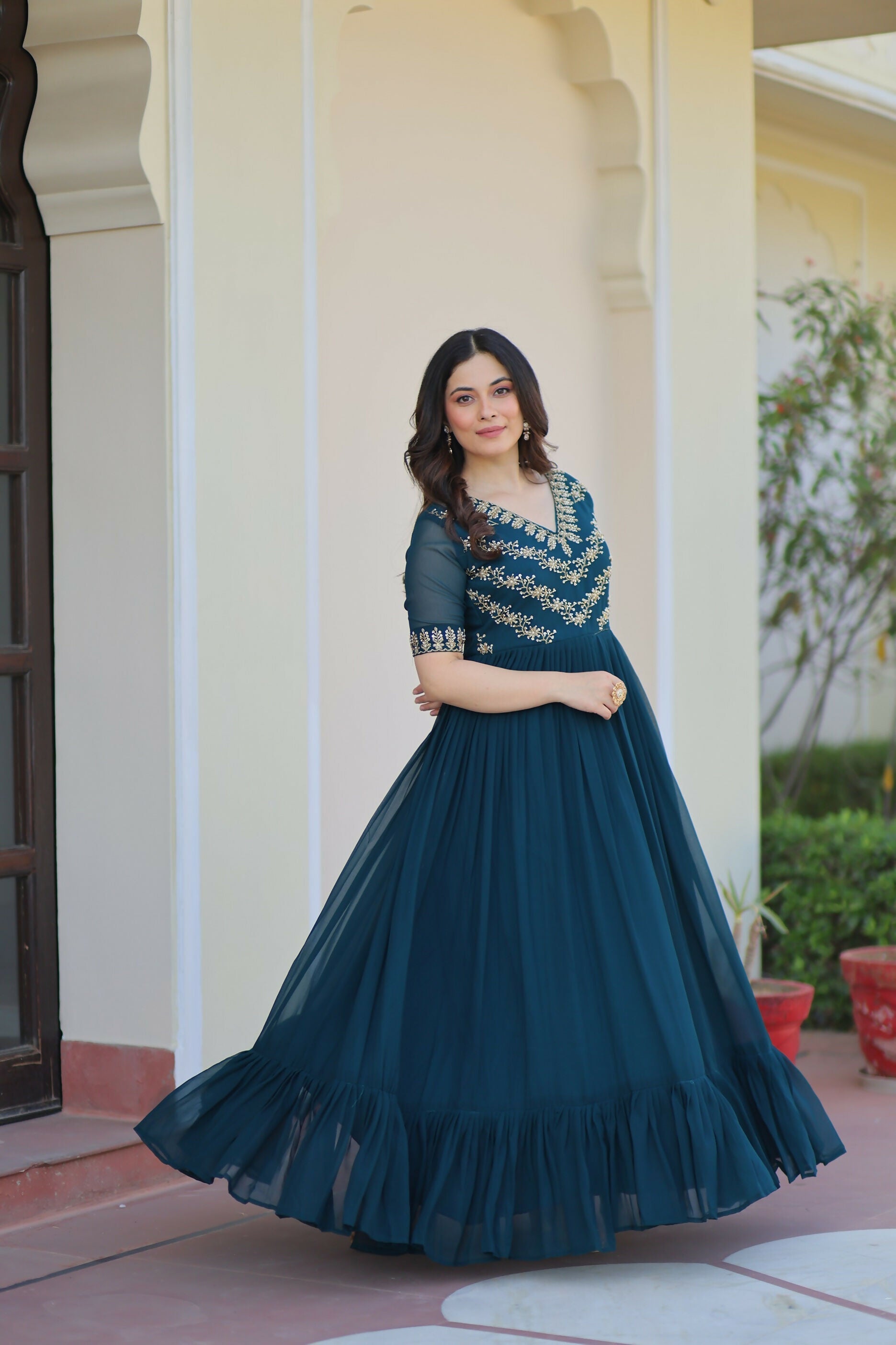 Joban Fashion Rama Green Georgette Sequence Embroidery Work Gown