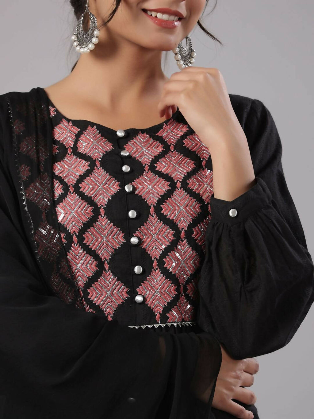 Juniper Women's Black Cotton Dobby Solid With Embroidery Flared Kurta Sets