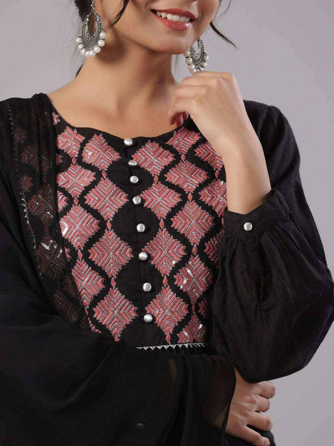 Juniper Women's Black Cotton Dobby Solid With Embroidery Flared Kurta Sets