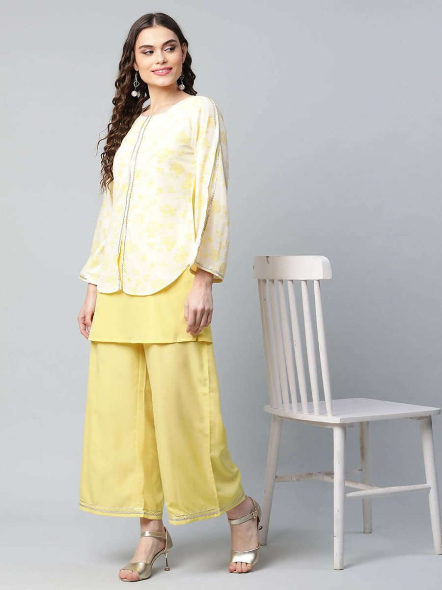 Ahalyaa Womens Yellow Crepe Printed Top Palazzo Set