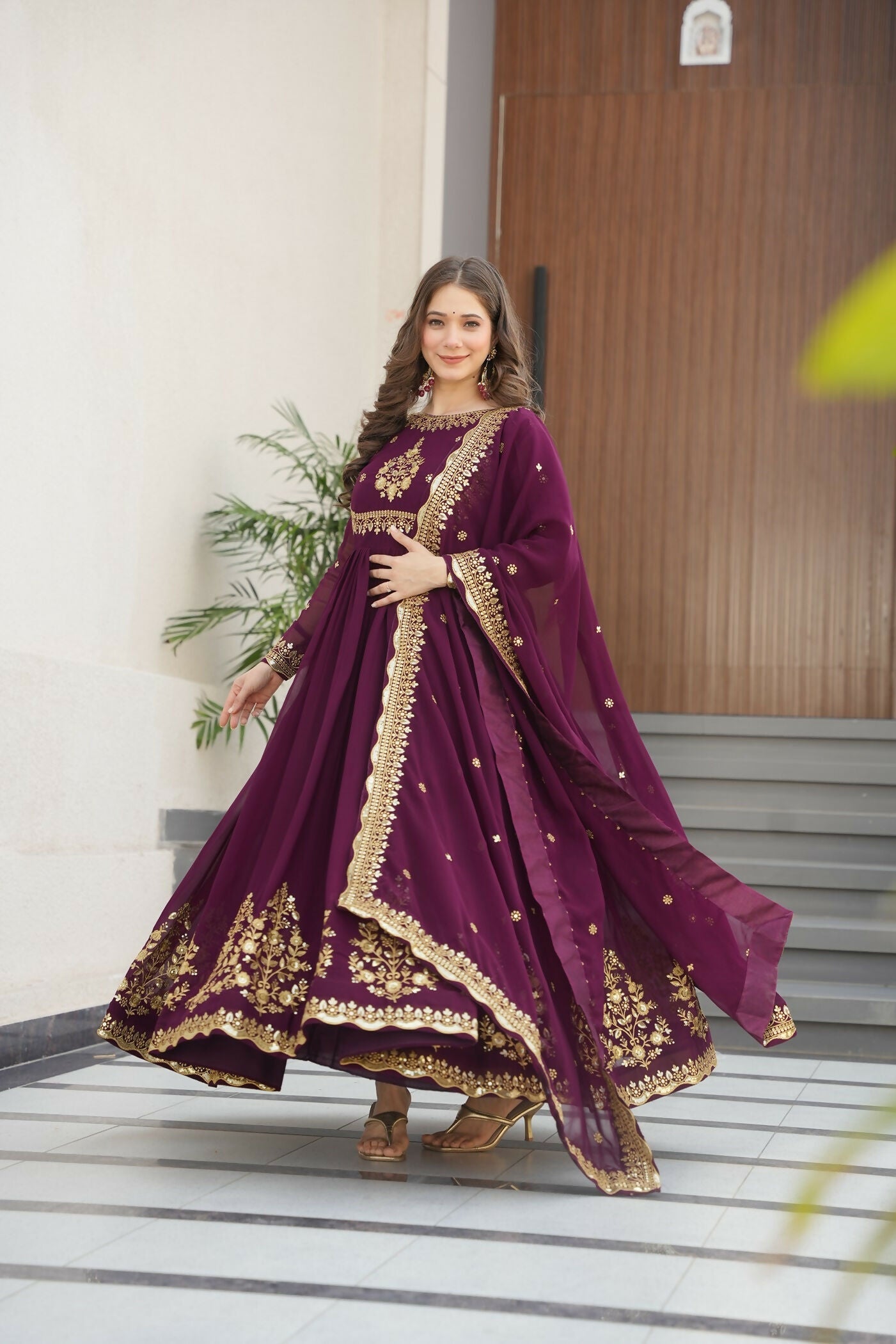 Joban Fashion Wine Georgette Sequence Embroidery Work Kurta Set