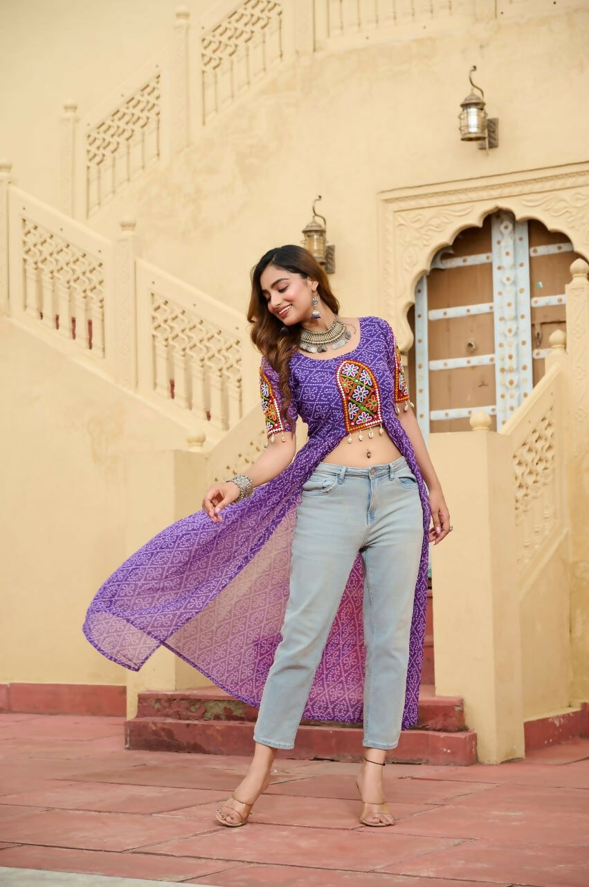 Vastranavya Blue Navratri Special Kutchi Patch Work with Bandhani Printed Faux Georgette Kurti
