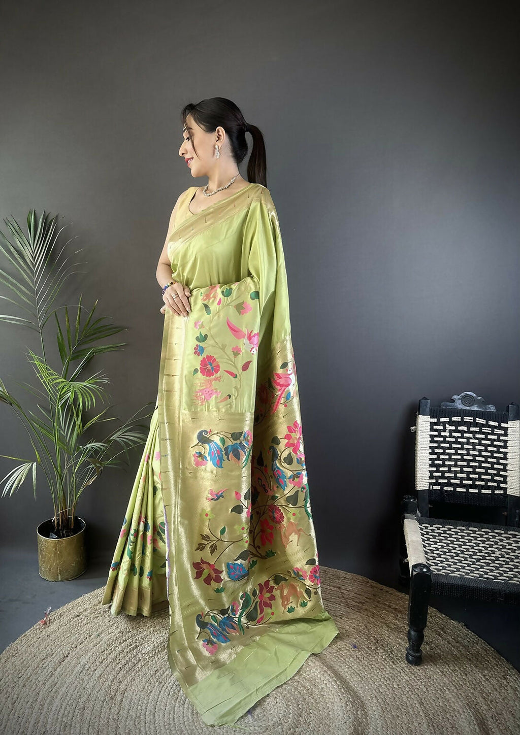 Joban Fashion Pista Green Floral Paithani Sarees