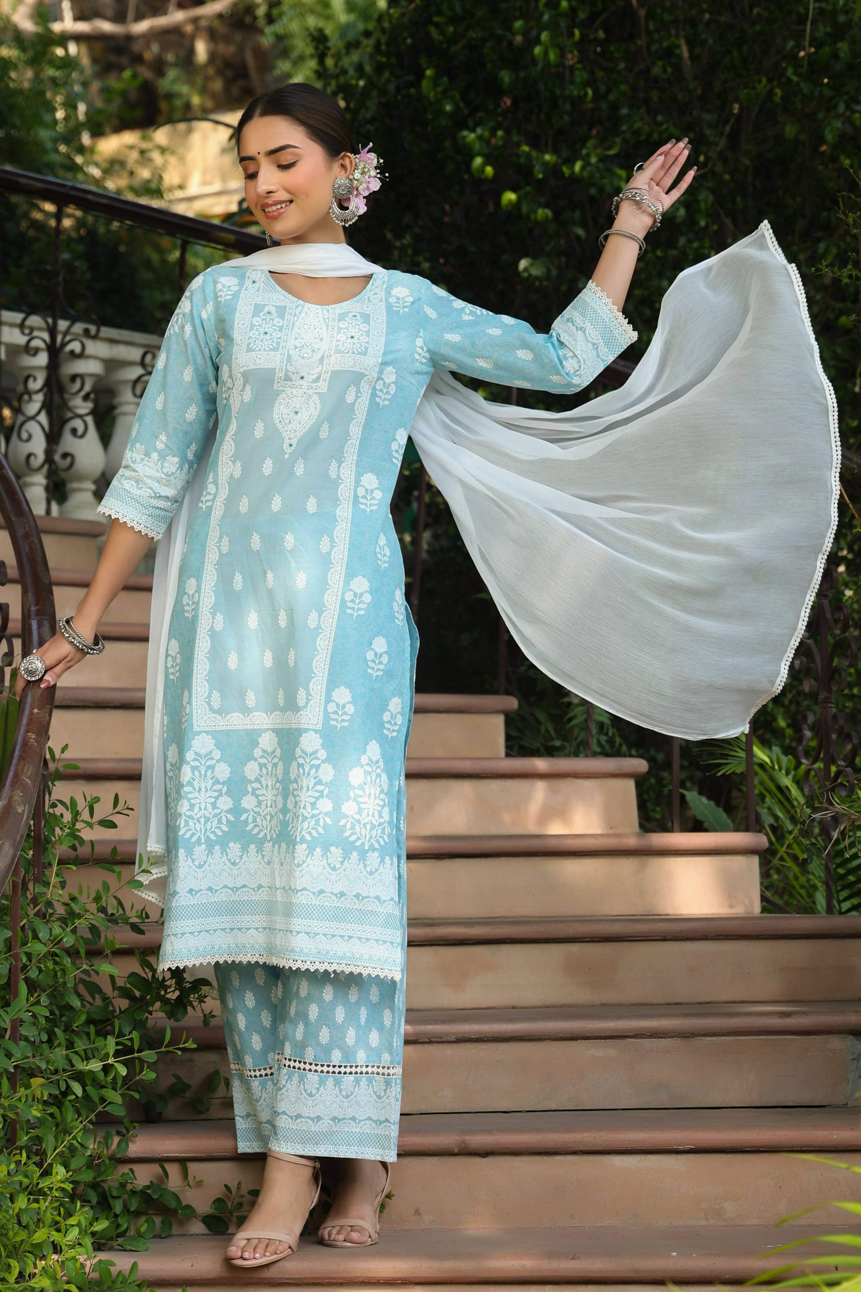 Juniper Women's Skyblue Printed Straight Kurta Sets