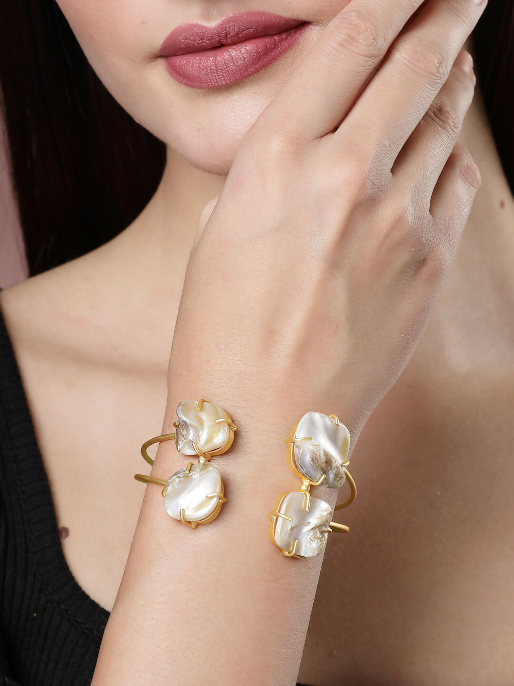 NVR Women's Gold-Polished Mother of Pearl Handcrafted Cuff Bracelet
