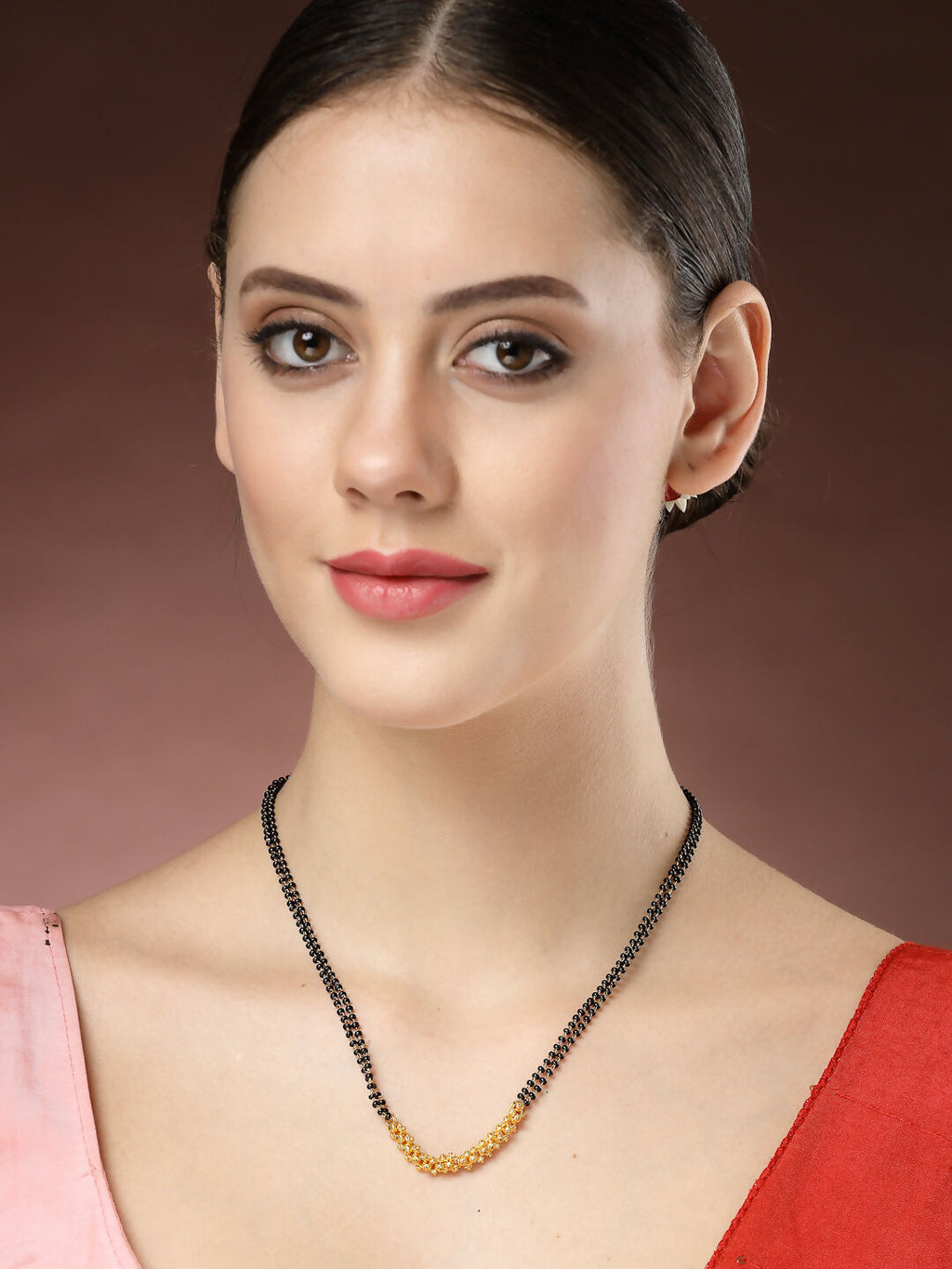 NVR Women's Gold-Polished Black Beaded Mangalsutra