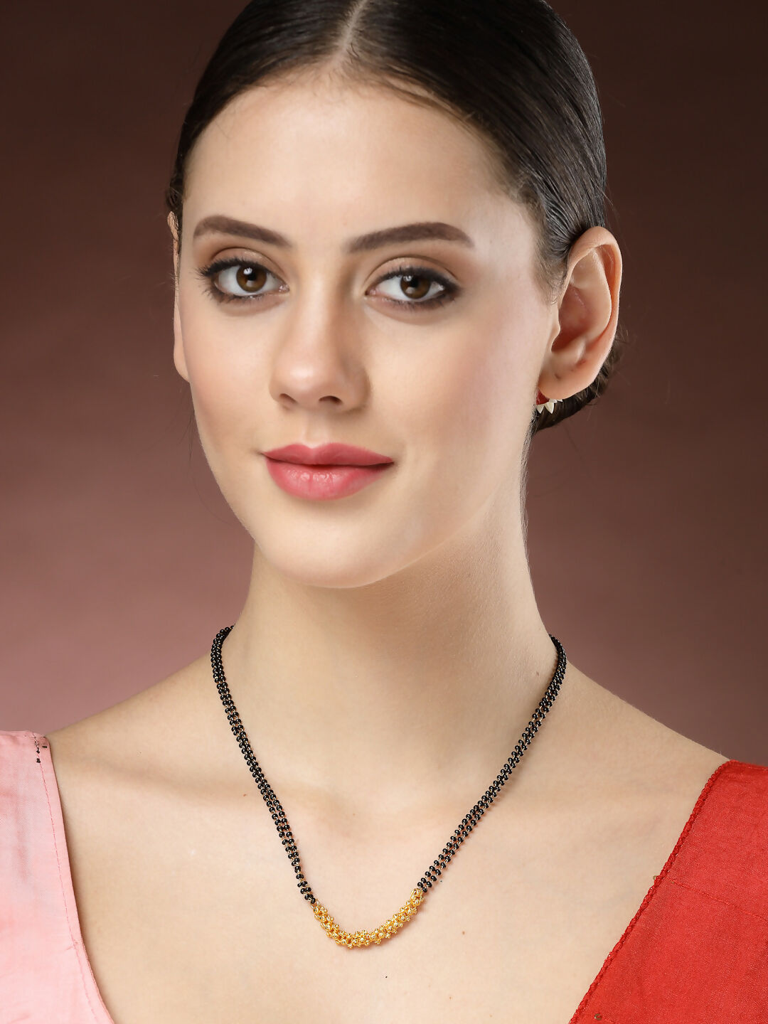 NVR Women's Gold-Polished Black Beaded Mangalsutra