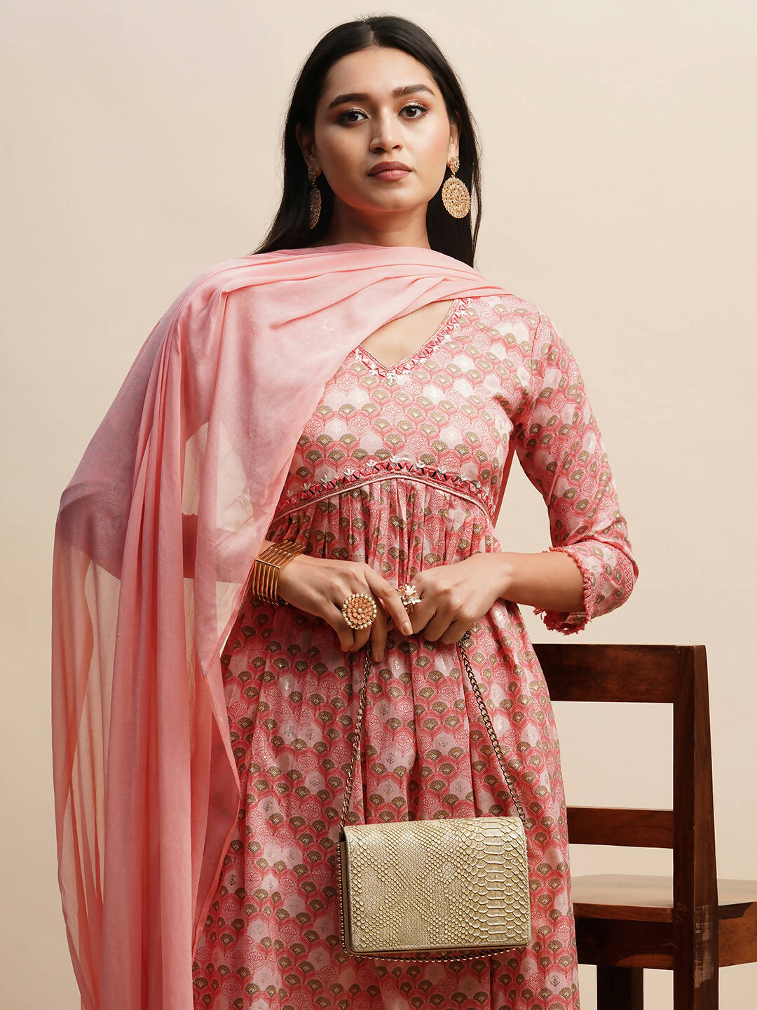 Pink Pure Cotton Floral Printed Naira Cut Kurta And Bottom With Dupatta - Akashara