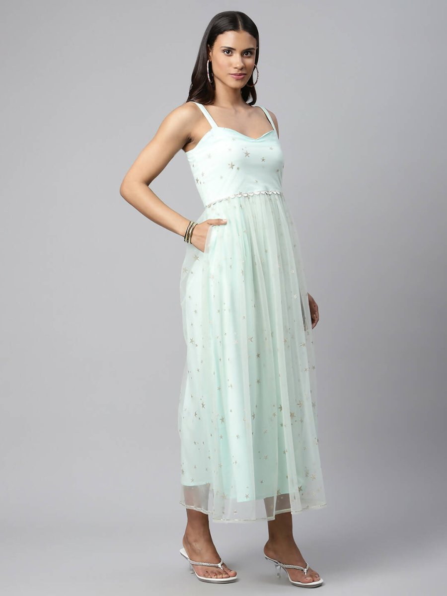 Ahalyaa Women Summer Blue Net Glitter Printed Dress