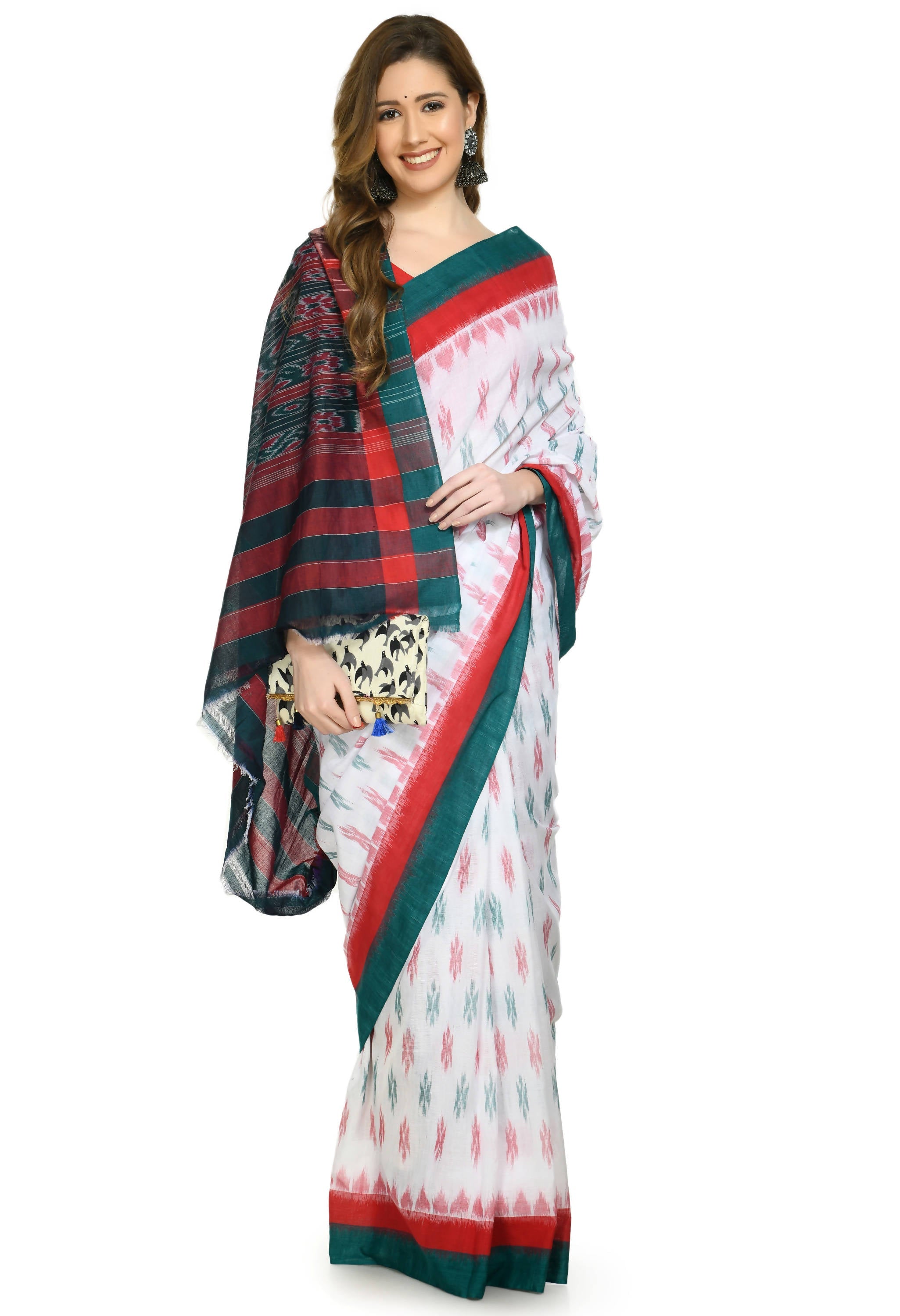 Vamika Sambalpuri Ikat Cotton Dehabandha White, Red & Green Saree