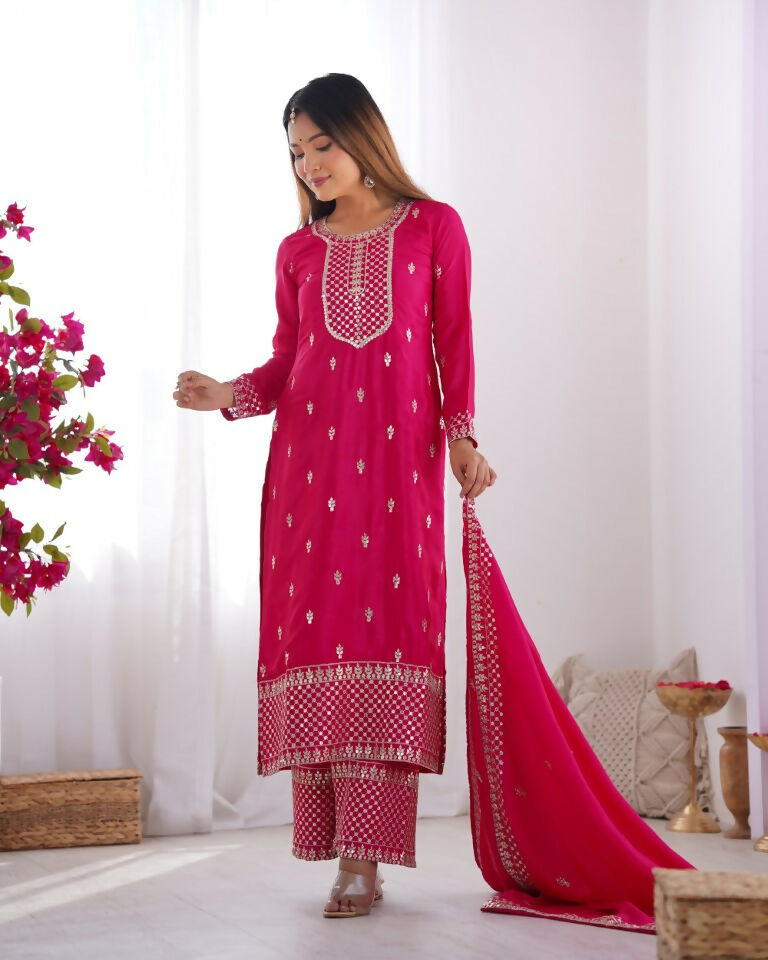 Teeya Creation Pink Color Pure Chinnon Silk Embroidery Work Functional Wear Salwar Suit