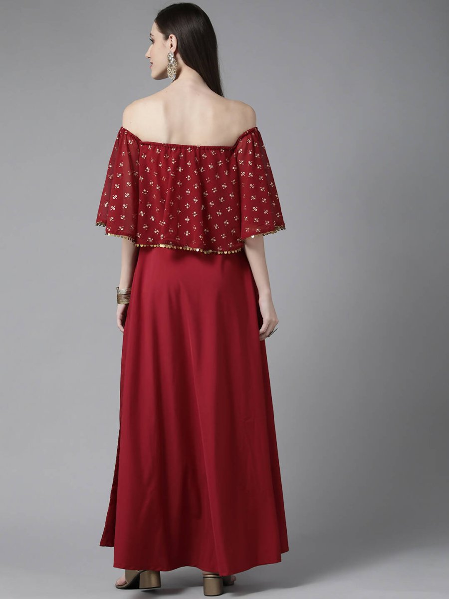 Ahalyaa Womens Maroon Cotton Blend Gold Printed Dress