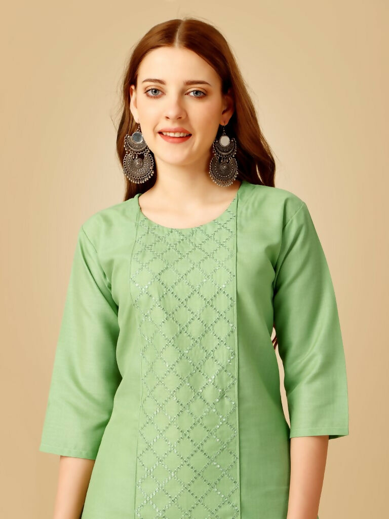 Jyoti Fashion Women's Lime Green Cotton Blend Embroidered Kurta Pant Set