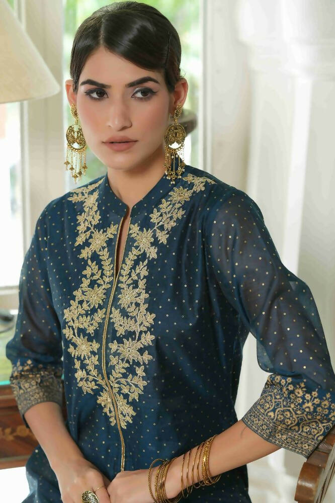 Juniper Blue Chanderi Festive Embroidered Polka Dot Printed A-Line Kurta For Women