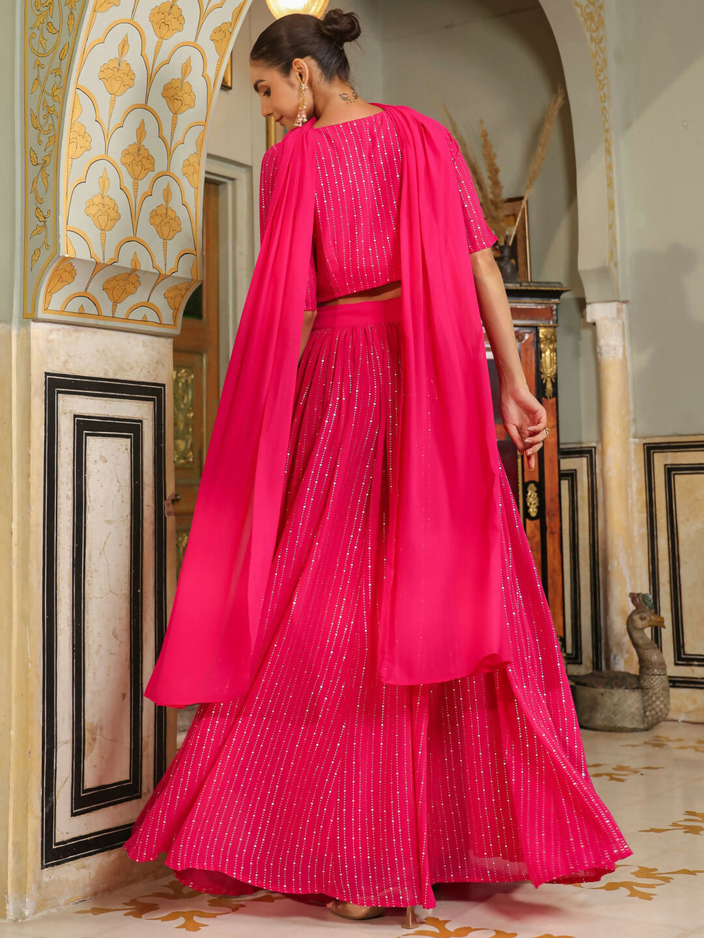 Janasya Pink Georgette Foil Print Lehenga Choli Dupatta