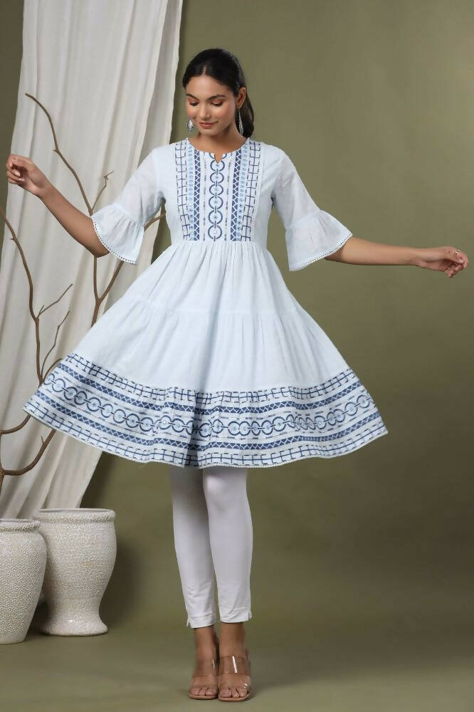 Juniper Sky Blue Cotton Dobby Festive Embroidered Tiered Dress For Women