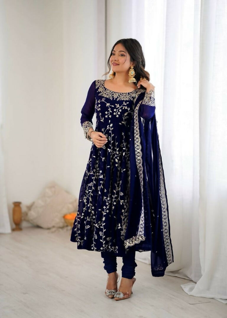 Teeya Creation Blue Color Heavy Faux Georgette Embroidery Work Gown
