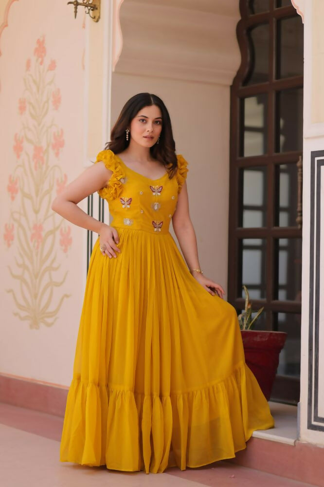 Vastranavya Yellow Faux Blooming With Sequins Multithreaded Beads Embroidered work Gown