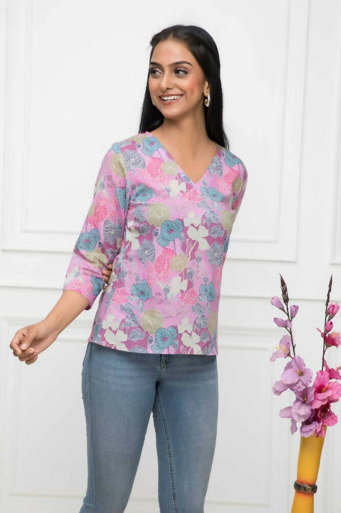 Myshka Women Multi Floral V-Neck Regular Sleeves Viscose Rayon Top