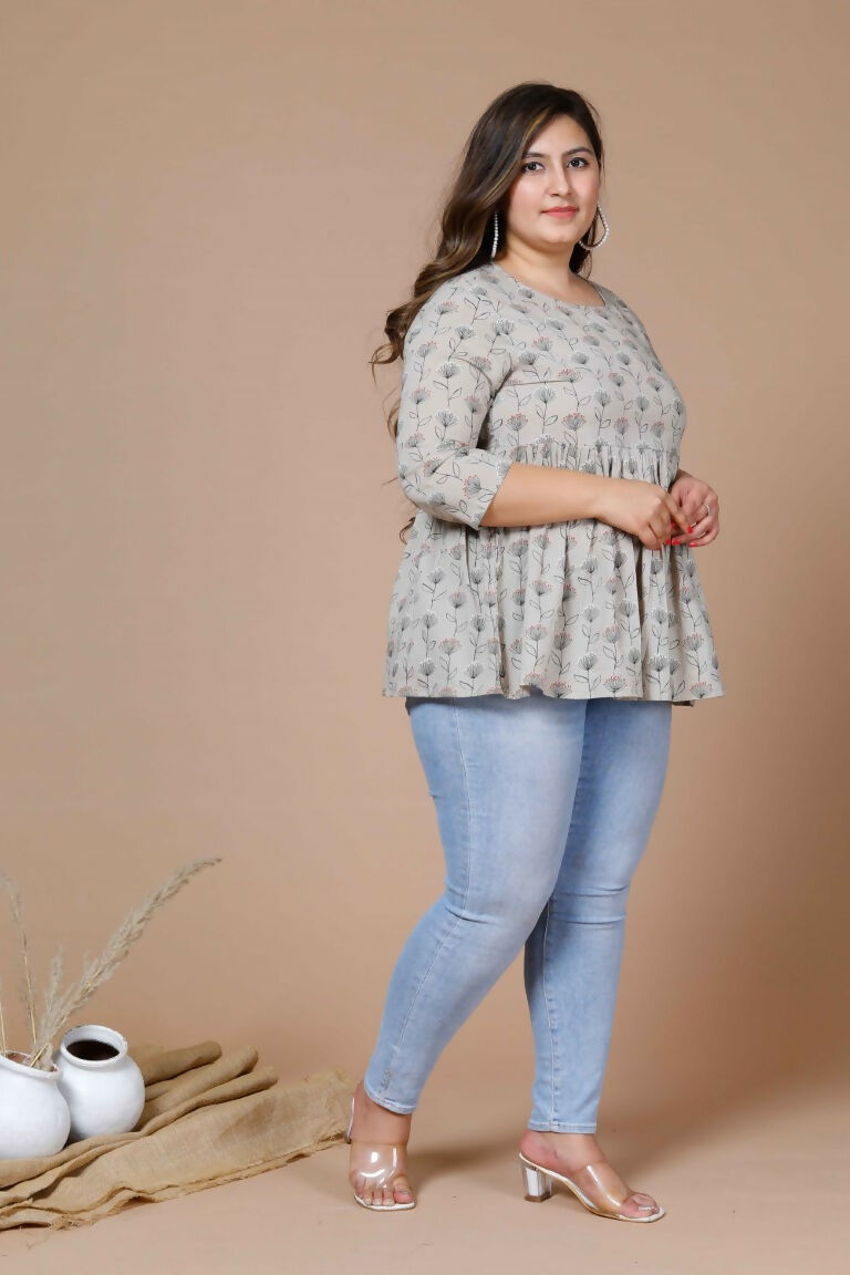 Miravan Women's Beige Plus Size Cotton Floral Printed Short Kurti