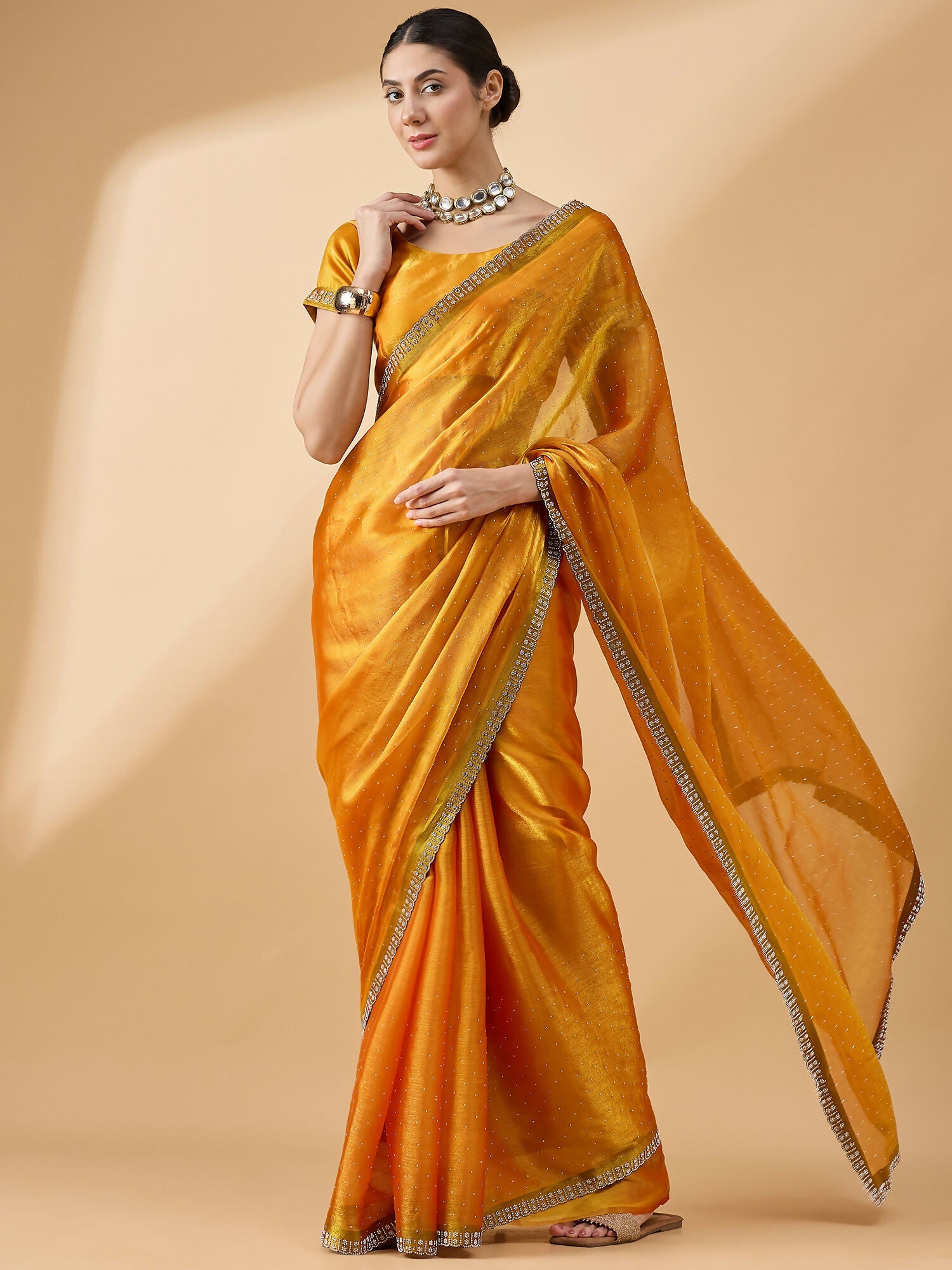 Mustard Organza Swaroski Diamond Work Saree with Unstitched Blouse - Radha