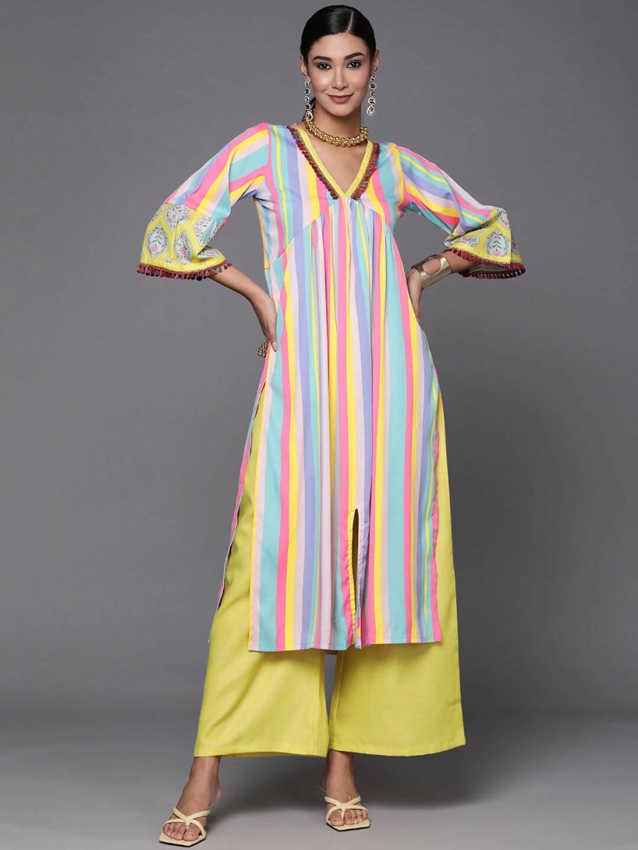 Ahalyaa Women Neon Green & Blue Candy Striped Kurta with Palazzos