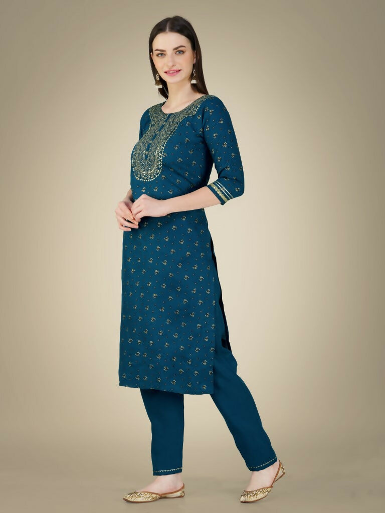 Jyoti Fashion Women's Morpich Cotton Magic Slub Embroidery & Sequence work Kurta with Trouser & Dupatta