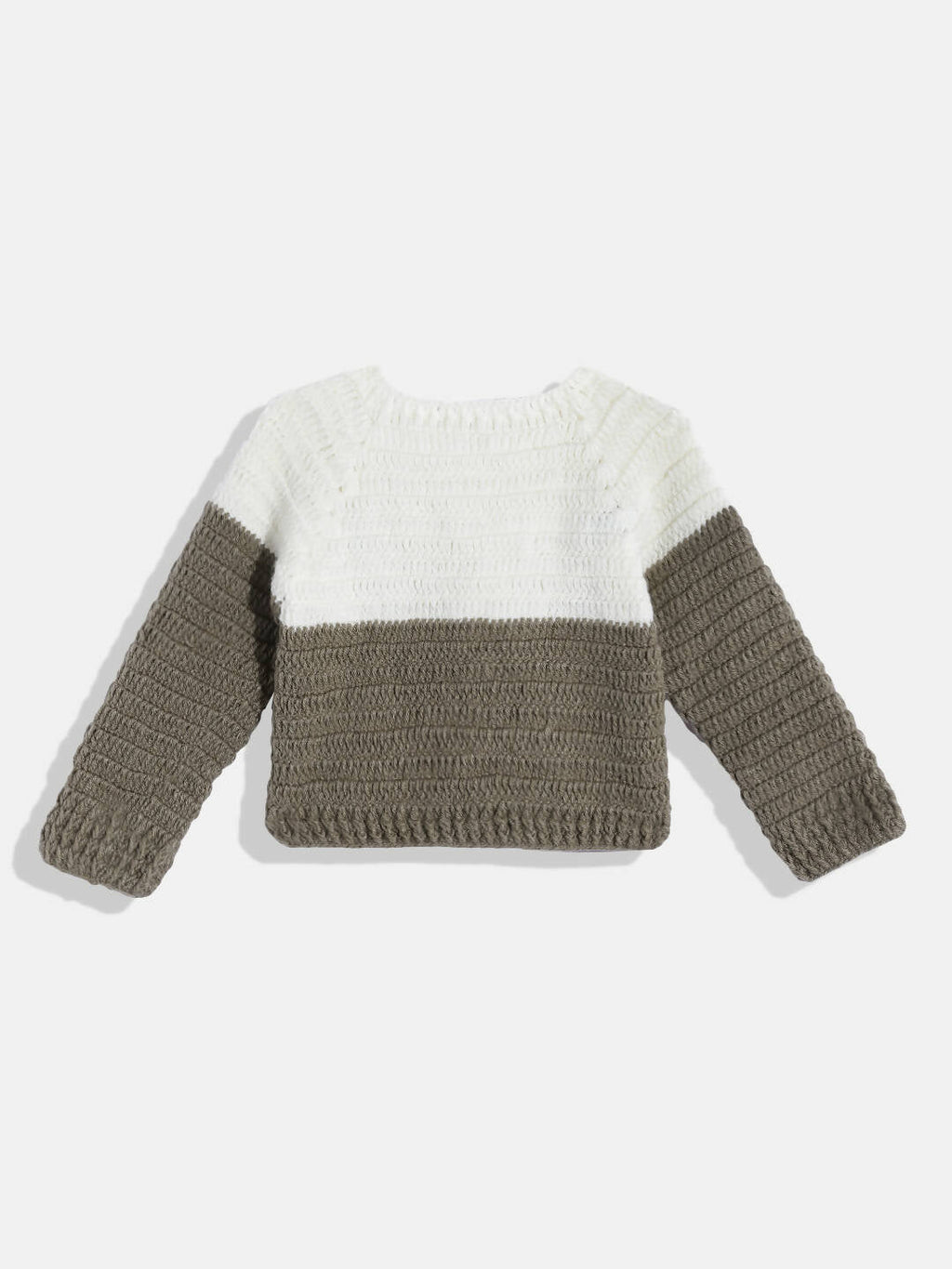 Chutput Kids Woollen Hand Knitted Full Sleeves Balloon Detail Colorblocked Sweater For Baby Boys With Striped Cap - Brown