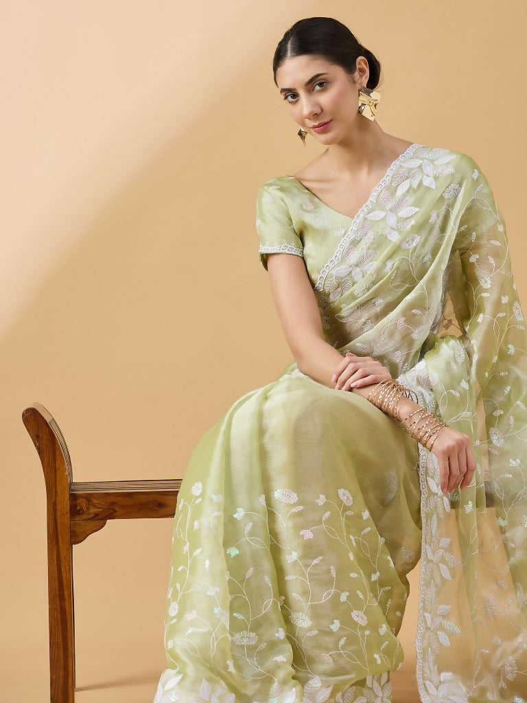 Green Tissue Slub Embroidered Saree with Unstitched Blouse - Vairagi