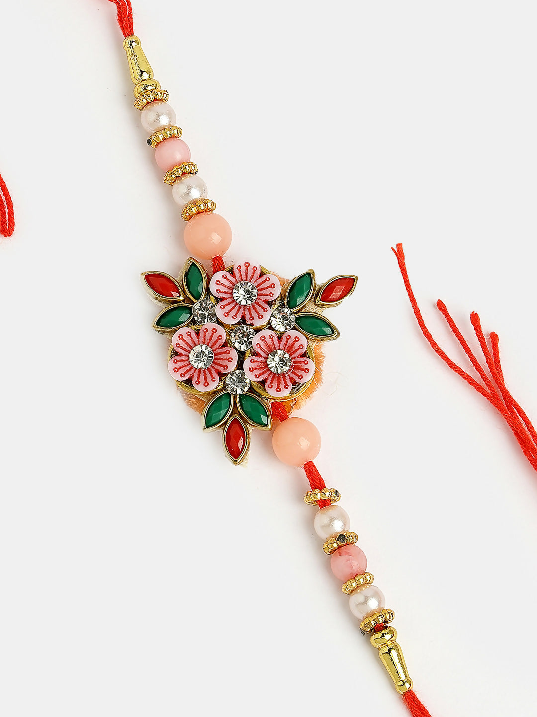 NVR Men Pink Floral Shape Stone-Studdded & Beaded Rakhi With Roli Chawal & Chocolate