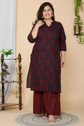 Miravan Women's Plus Size Maroon Floral Pure Cotton Kurta With Sharara