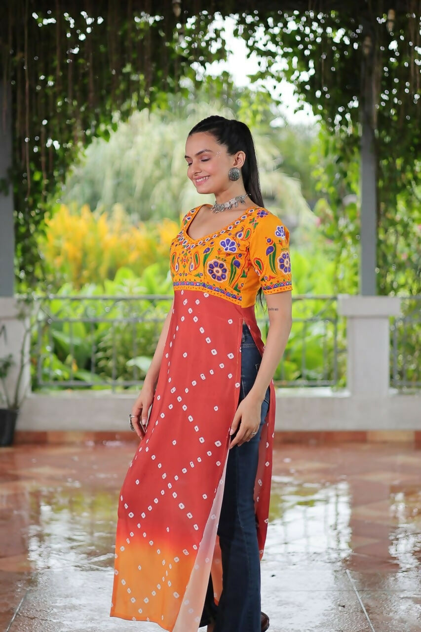 Vastranavya Yellow Navratri Special Kutchi Gamthi Work with Printed Kurti