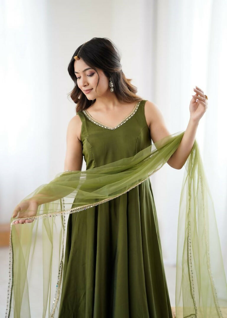 Teeya Creation Green Color Pure Roman Silk Mirror Lace Party Wear Gown