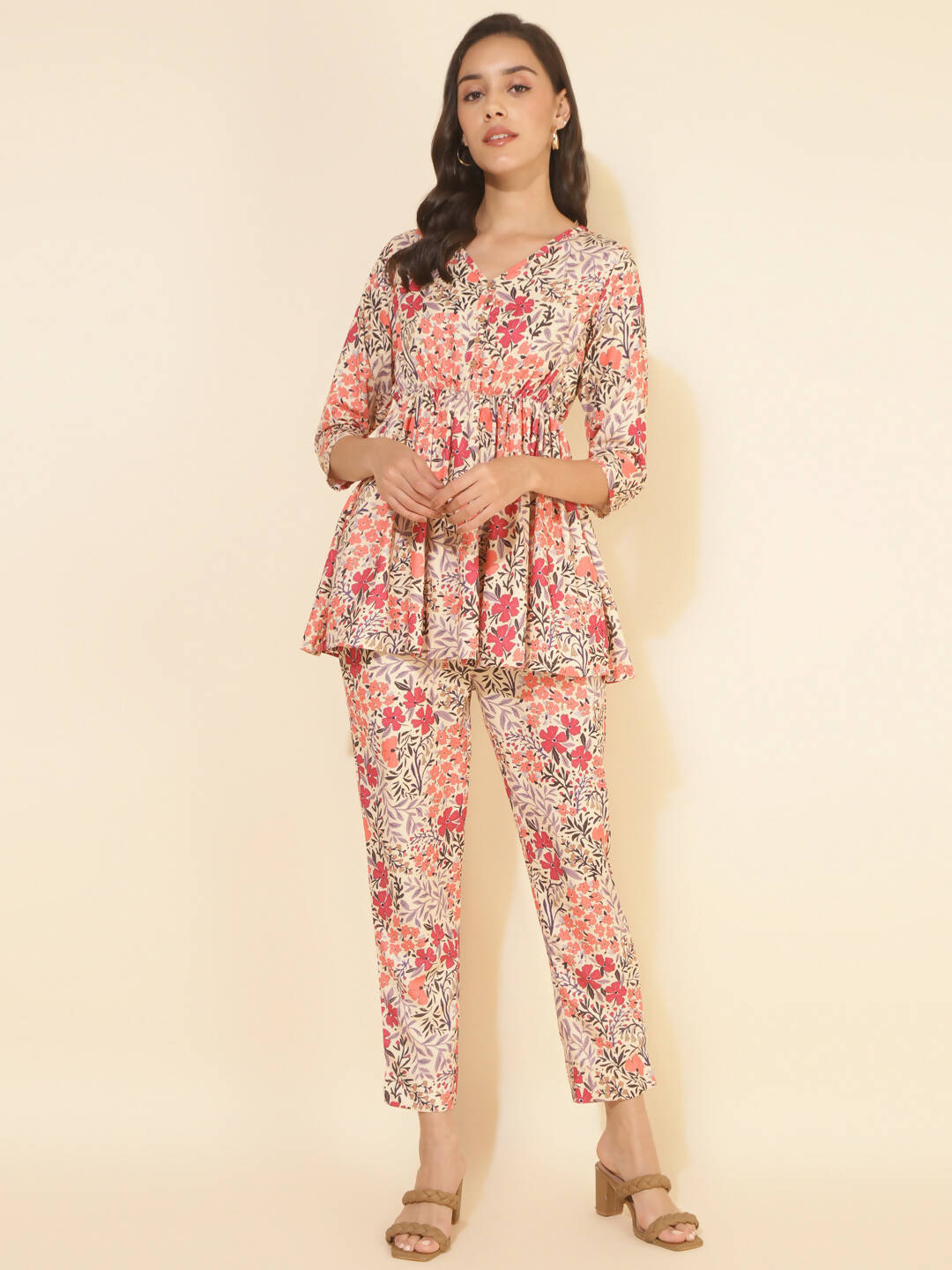 Janasya Women's Multicolor Moss Floral Printed Casual Flared Co-ords