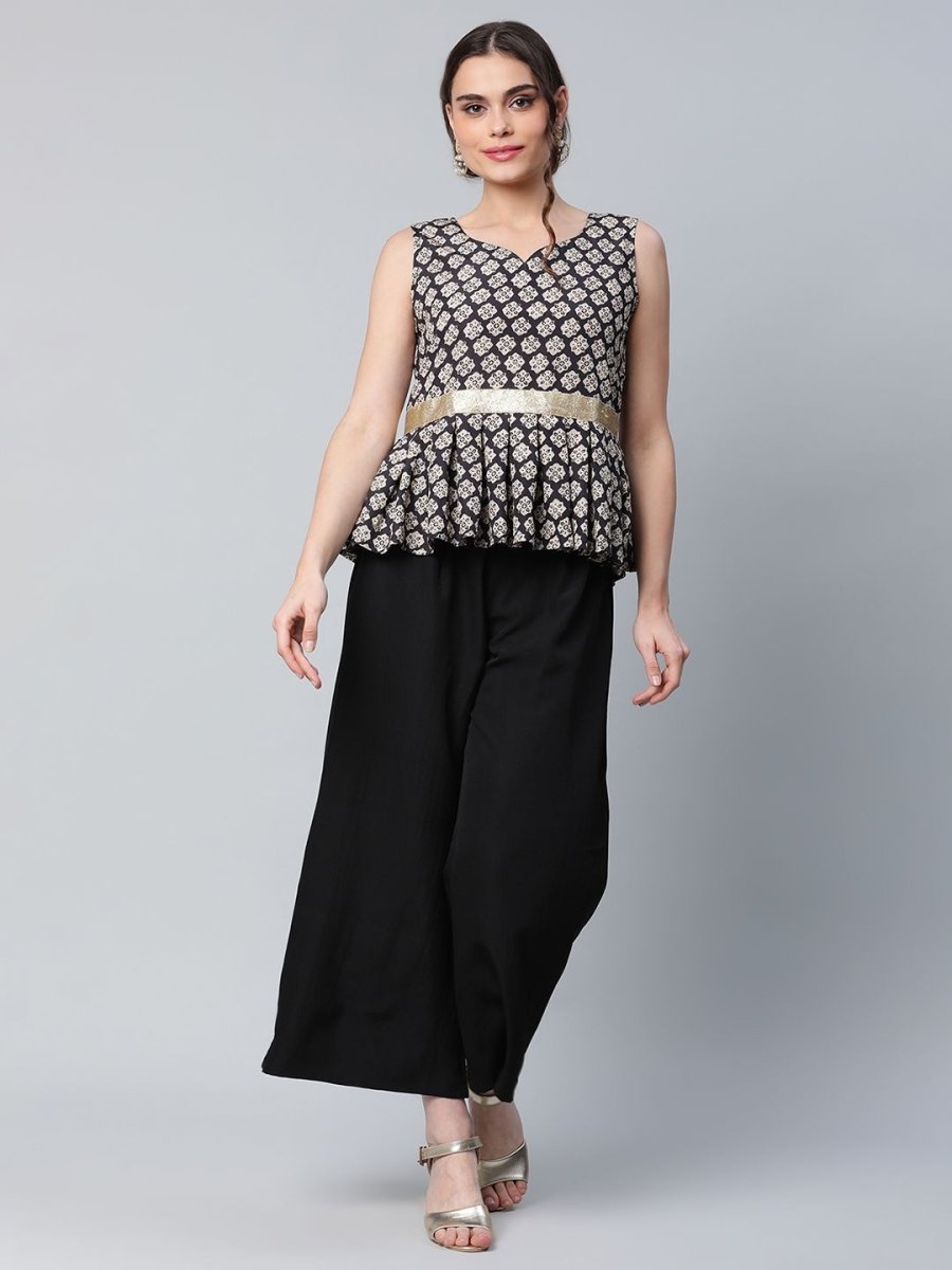 Ahalyaa Women Black Crepe Digital Printed Top with Palazzo Set